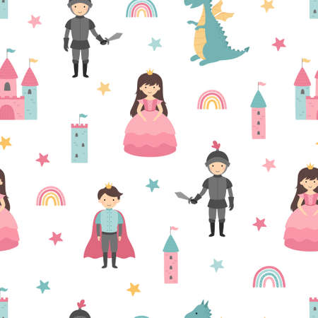 Seamless pattern with princess, knight, prince, dragon, castle, rainbow. Vector children's illustrationのイラスト素材