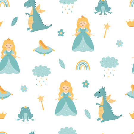 A princess with a dragon. Seamless children's pattern. Magic wand, rainbow, rain cloud, princess slipper, crown, flowers, frog princess. Vector illustrationのイラスト素材