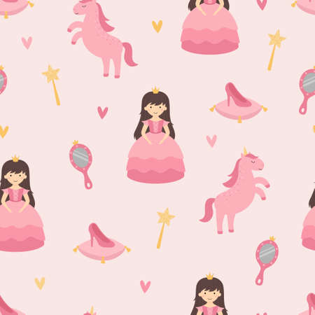 A princess with a unicorn. Seamless nursery pattern. Princess accessories: magic wand, crown, mirror, slipper. Vector illustrationのイラスト素材