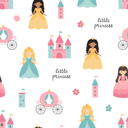 Seamless pattern with cute princesses, castle, carriage. Vector children's illustration. Suitable for background, printing on fabric, wallpaper, wrapping paper.のイラスト素材