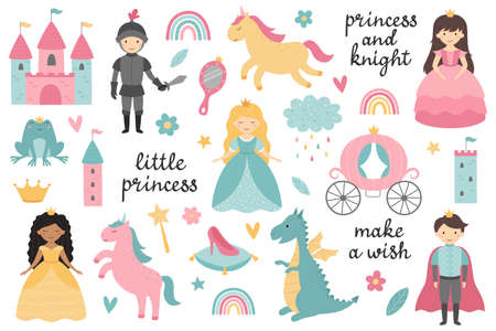 Vector set of little princesses, prince, knight, dragon, unicorn, carriage, castle, frog, crown, shoe, mirror, rainbow, cloud, magic wand. Childish design for birthday invitation, poster, clothes.のイラスト素材