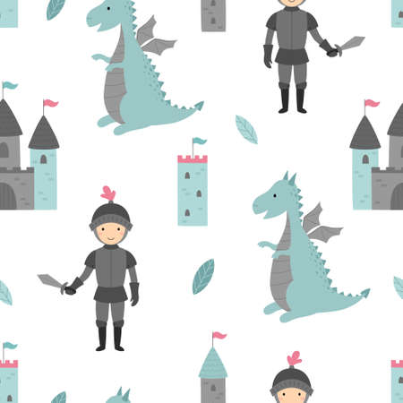 Seamless pattern with knight, dragon, castle. Cute vector illustrationのイラスト素材