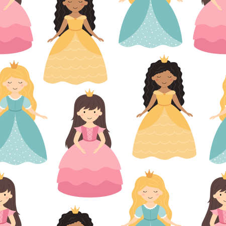 Cute princesses in blue, pink, yellow dresses. Seamless pattern. Children's vector illustrationのイラスト素材
