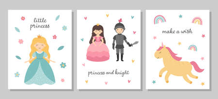 A set of postcards with cute princesses. Little princess, knight, unicorn. Children's posters. Vector nursery illustrationのイラスト素材