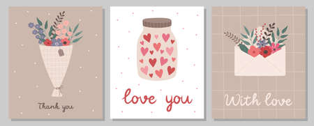 A set of greeting cards. Cute bouquet of flowers, hearts in a jar, flowers in an envelope. Vector illustration for invitations, postcards, postersのイラスト素材