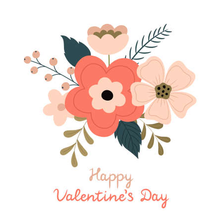 Valentine's Day greeting card. Floral cute bouquet and lettering. Vector illustration. Card template, postcard, poster, invitation, bannerのイラスト素材