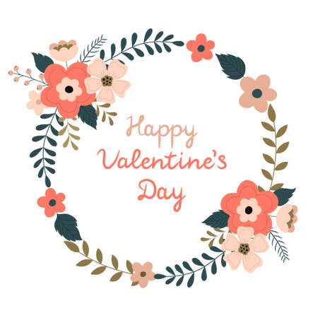 Valentine's Day greeting card. Floral cute wreath with congratulations. Vector illustration. Card template, postcard, poster, invitationのイラスト素材
