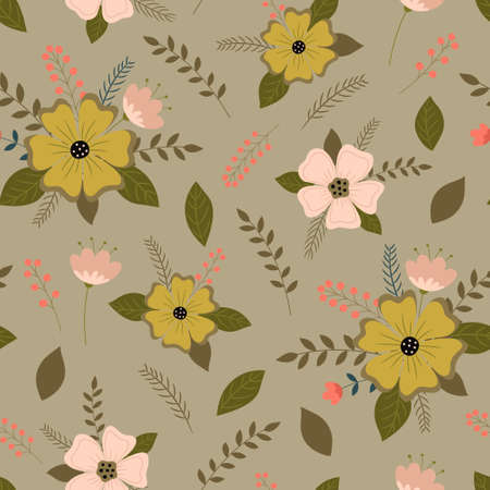 Seamless floral pattern. Bouquets of flowers, plants, leaves, branches, berries. Vector illustration for printing on fabric, wallpaper, wrapping paperのイラスト素材