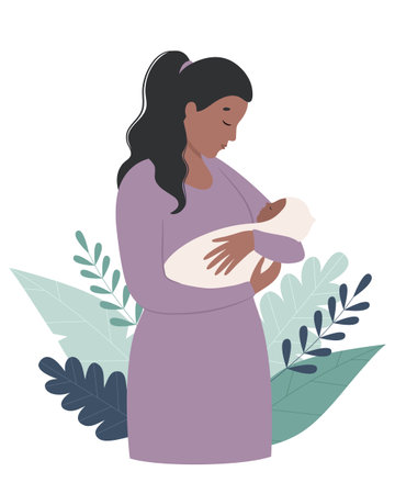 Mom is holding a newborn in her arms. Mother and child. Vector illustration in a flat style.のイラスト素材