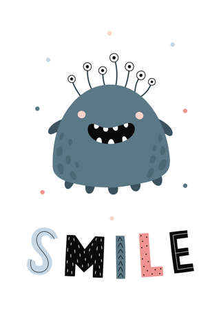 Cute smiling monster. A nursery poster with a funny cartoon character. Vector illustration for children's room design, T-shirt print, postcard design, invitationsのイラスト素材