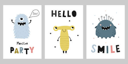 A set of cards with cute cartoon monsters. Funny characters with hand drawn inscriptions. Vector illustration for the design of a kid's room, children's clothing, T-shirt print, party invitationsのイラスト素材