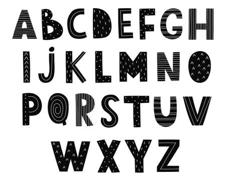 Hand drawn cute alphabet for kids. Black letters. Perfect for education, design of postcards, posters, children's room. Vector illustrationのイラスト素材