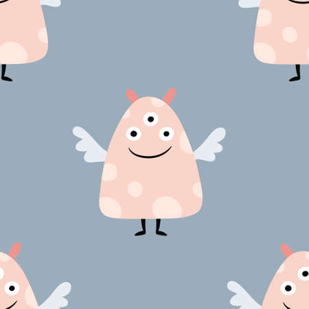 Seamless pattern with a cute character on a blue background. A beautiful little monster with wings. Vector illustration for printing on wrapping paper, fabric, nursery clothingのイラスト素材