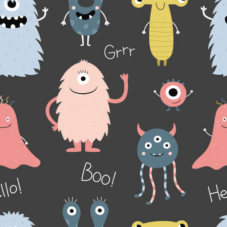 Seamless pattern with funny monsters on a black background. Cute characters. Vector illustration for printing on wrapping paper, fabric, children's clothingのイラスト素材