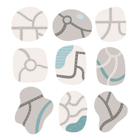A set of hand drawn pre-made maps. Roads, streets, rivers, lakes. Vector cartoon illustrationのイラスト素材
