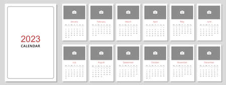 Calendar template for the year 2023. A set of pages for 12 months of 2023. Vector illustration. The...