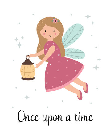Cute little fairy with a flashlight. Funny children's poster. A beautiful cartoon girl with wings. Vector illustration for T-shirt print, nursery decor, invitation card, postcardのイラスト素材