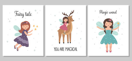 A set of children's posters. Cute little fairy with wings and a magic wand, sitting on a deer. Vector hand-drawn illustrationのイラスト素材