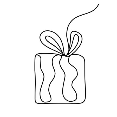 Vector minimalistic illustration of a gift box drawn by hand with one line. Surprise, gift tied with a ribbon isolated on a white backgroundのイラスト素材