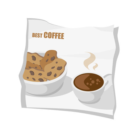 <p>&nbsp;A Cup&nbsp;of hot Coffee with Steam, bowl of&nbsp;Cookies with Chocolate Chips&nbsp;on the creased&nbsp;napkin&nbsp;on white&nbsp;background.&nbsp;Vector illustration.</p>のイラスト素材