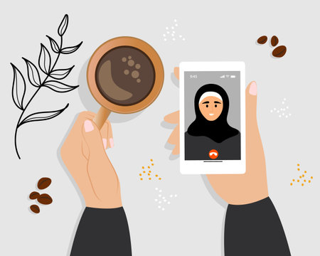 Arab Businesswoman Using Phone make a Video Call and drinks coffee, Muslim Entrepreneur. Flat Vector Illustrationのイラスト素材