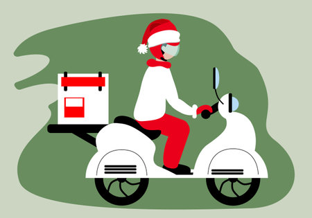 Express delivery on the motorbike Santa Hat icon concept. Person riding motorbike with box behind back icon for service, order, fast, free and worldwide shipping. Vectorのイラスト素材