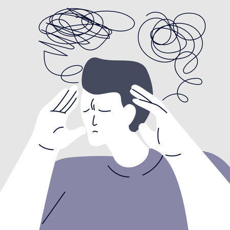 Memory loss and dementia, brain damage concept. Profile of sad man suffers from migraine, confusion, memory loss, dementia, reduced function of brain and mind. Sitting alone vectorのイラスト素材