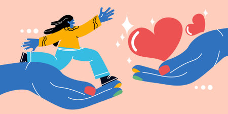Hand with Woman and Heart shape. Concept of support and kindness in community. Female volunteer share empathy and hope with needy. Help and compassion in life. Vector illustrationのイラスト素材