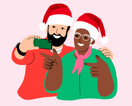 Woman and man taking selfie, cartoon style vector illustration. Christmas holiday together. Have fun embrace enjoy New Year party or celebration. Vector illustration.のイラスト素材