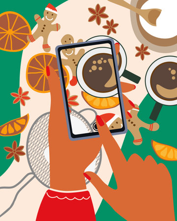 Christmas dinner. Delicious traditional holiday food. Gingerbread Man, coffee, dry orange. Hands with smartphone taking picture of food. Top view vector illustration.のイラスト素材