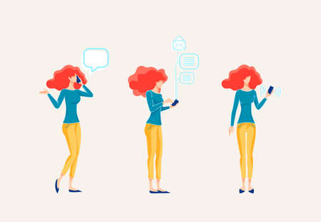 Woman Uses Mobile Phone for Business Conversations. Girl Holds the Cellphone in her Hand and Checks...
