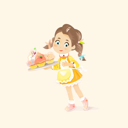 Girl in Apron holds a Cupcakes on the tray. Vector illustration of Child Baker that produce Pastry Muffinsのイラスト素材