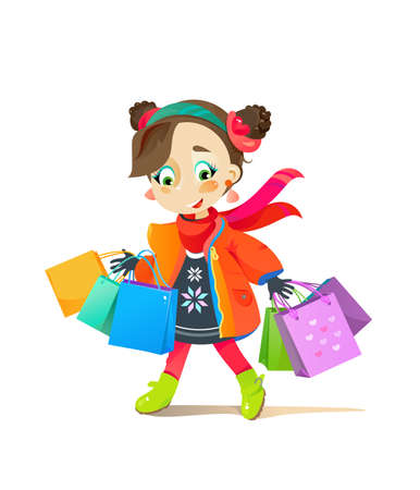 Little Shopaholic Girl Holding in hands Bags with Purchases. Retail Online Vector Illustration. Customer Buy in Shop Clothes. Discount and Sale in Internet Storeのイラスト素材