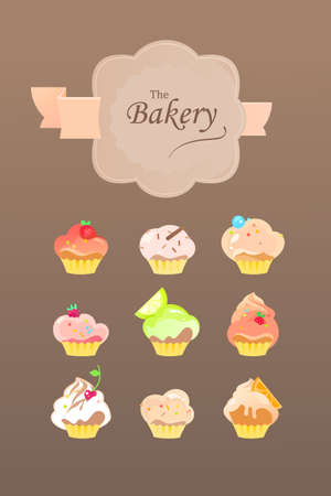 Set of Vector Illustration Pastry Muffins and Cupcakes. Icons for Food from Bakery Shopのイラスト素材