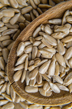 Peeled sunflower seed in a spoon close-up background pattern, top view full frameの写真素材