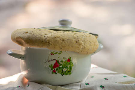 wheat flour dough, in a white bowl on the table outside. strawberries