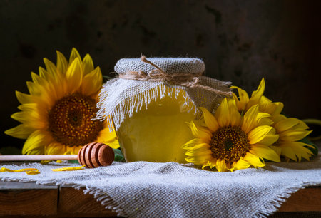 Organic sunflower honey in a transparent jar with a burlap sack napkin lid dipper concept of healthy eating, old wooden background Pot still life dark food glass bowlの写真素材