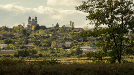 village autumn landscape Olanesti Moldova Churchの写真素材