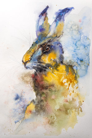 Hare Bunny portrait watercolor painting illustration adorable rabbit Cute Fauna pet abstract colorful white background Winter aquarelle big ears nursery yellow blue pink violet animal hand drawの写真素材