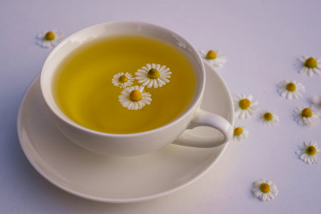 Herbal drink tea with fresh chamomile flowers white cup copy space, healthy medicinal Rural still-life isolated on white table background Beautiful composition calming top viewの写真素材