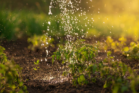 Unrecognizable Man farmer watering hand holding watering green can rural garden sunset evening Vegetable spring sunny day country organic products, eco-friendly lifestyle Gardening hobby concept seedling tomato potatoの写真素材