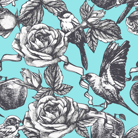 Seamless pattern with  hand drawn roses, apples and  birds. Vectorのイラスト素材