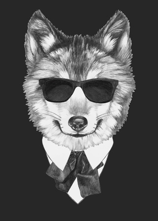 Portrait of Wolf in suit. Hand drawn illustration.Vectorのイラスト素材