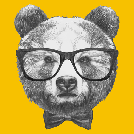 Hand drawn portrait of Bear with glasses and bow tie. Vector isolated elements.のイラスト素材