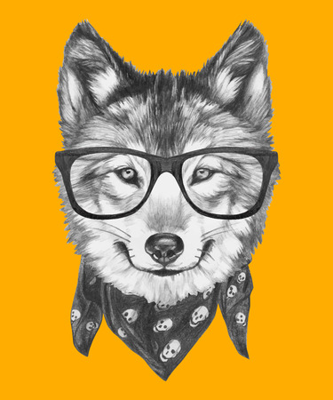 Portrait of Wolf with glasses and scarf. Vectorのイラスト素材