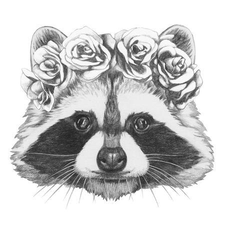 Original drawing of Raccoon with floral head wreath. Isolated on white background.の写真素材