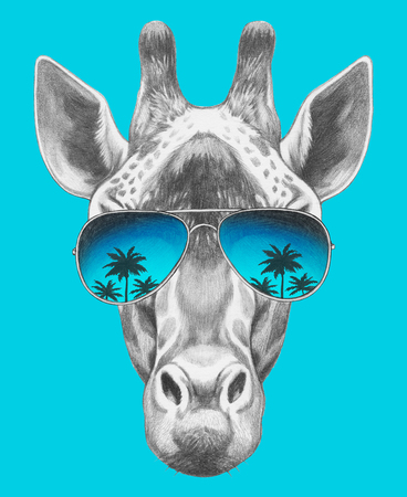 Portrait of Giraffe with mirror sunglasses. Hand drawn illustration.の写真素材