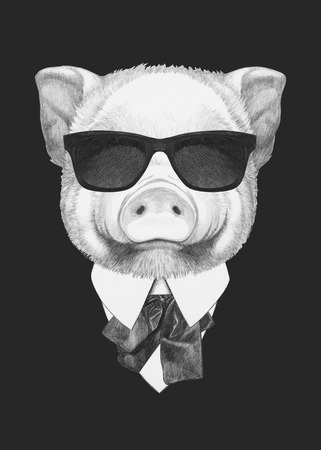 Portrait of Piggy in suit. Hand drawn illustration.の写真素材