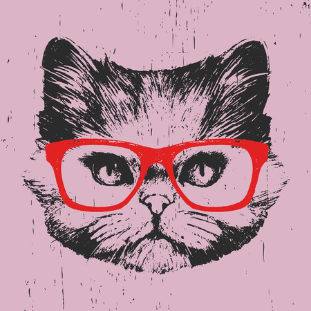 Portrait of  Persian Cat with glasses. Hand drawn illustration. Vector.のイラスト素材