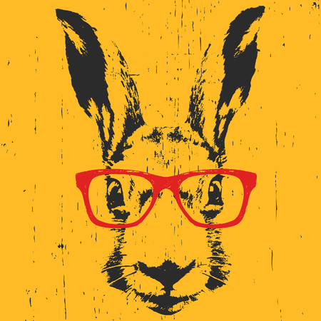 Portrait of Rabbit with glasses. Hand drawn illustration. Vector.のイラスト素材